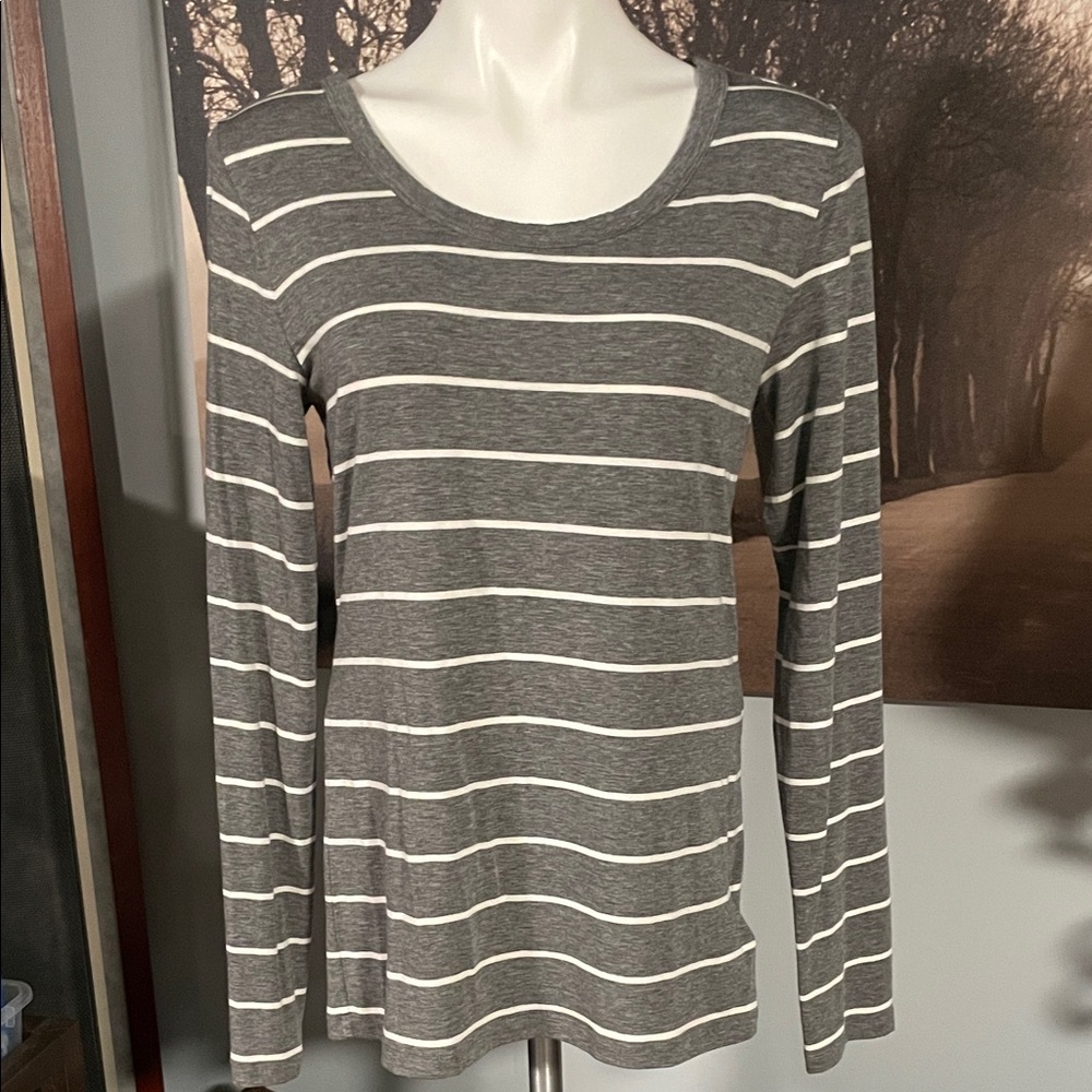GAP Charcoal and White Striped Long Sleeve Tee - L